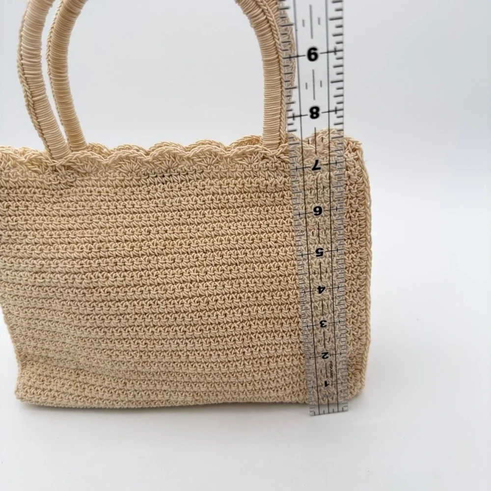 Crochet Straw Tote Bag Beige Woven Top‎ Handle Purse Coin Pouch Boho Summer